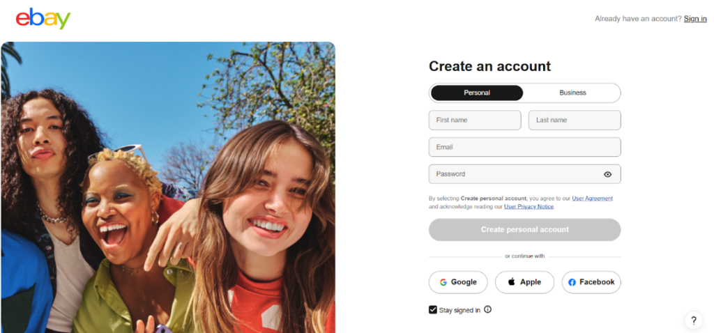 eBayのアカウント作成画面(Personalタブ・入力フォーム)