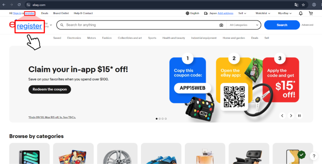 eBayトップページ左上の register を矢印で示した画面
