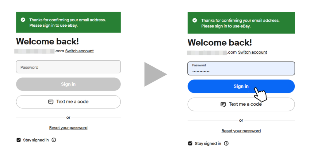 Welcome back の画面でパスワードを入力し Sign in を押す様子