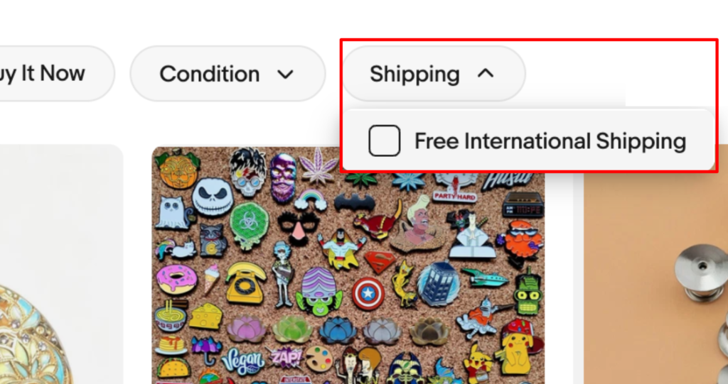 Shipping を開き Free International Shipping にチェックを入れる絞り込み画面
